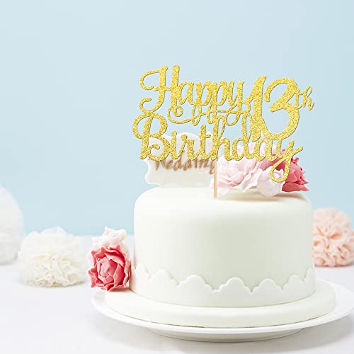 1 PCS Happy 13th Birthday Cake Topper Gold Glitter Cheers to 13 Years Birthday Cake Pick Official Teenager 13 Fabulous Cake Decoration for Happy 13th Birthday Theme Party Decorations Supplies (Gold / 13th)