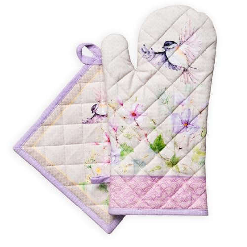 100% Cotton Oven Mitt & Pot Holder Set (092 - Magnolia Mornings / 7.5" x 13" & 8" x 8" (Oven Mitt & Pot Holder))