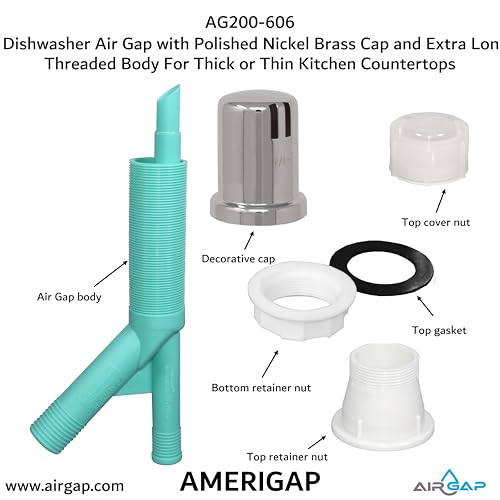 Dishwasher Air Gap with Skirted Polished Nickel Brass Cap and Extra Long Threaded Body for Thick or Thin Kitchen Countertops (AG200-606)