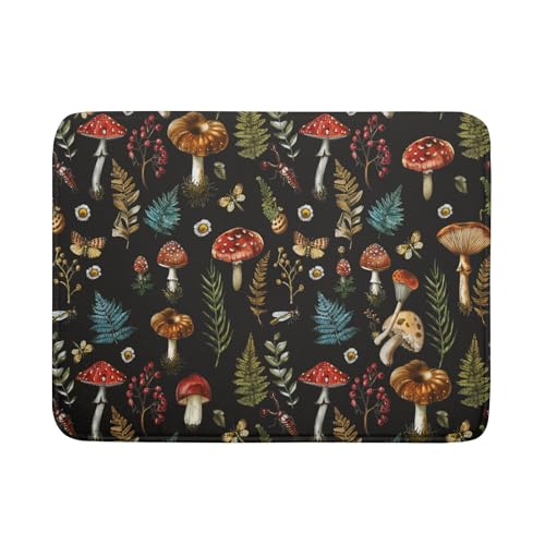 Natural Botanical Dish Drying Mat Mushroom Fern Leaves Berry Drainer Mat Black Drying Pad for Countertop 18 X 24 Inch (Mushroom - Black / 24" x 18")