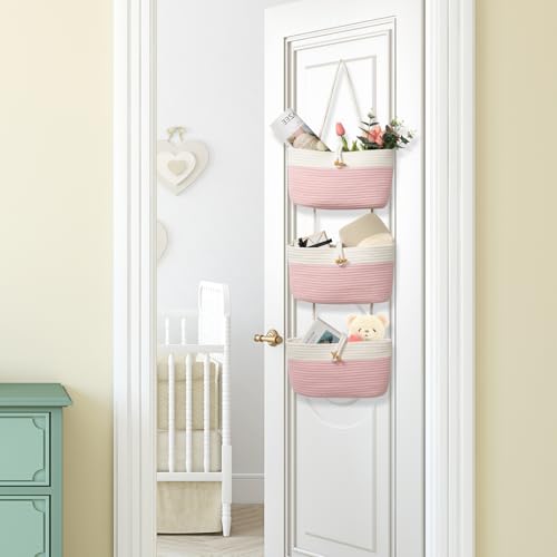 Over The Door Hanging Baskets with Button Strap (Pink+White / 3 tier+Button)