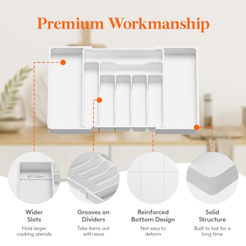 Expandable Silverware Drawer Organizer (White / XL (13-22.4"W × 15"D ))