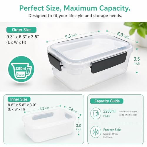 9 cup Plastic Food Storage Containers with Lids Nestable Freezer Dishwasher Safe Rectangle Meal Prep Container Set (9 cups)