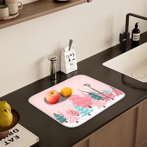 Christmas Tree Pink Dish Drying Mat for Kitchen Counter Absorbent Microfiber Small Drying Pad Winter White Snowflake Xmas Dish Mats for Kitchen Countertops 16 x 18 Inch (Christmas Tree Pink / 18" x 16")