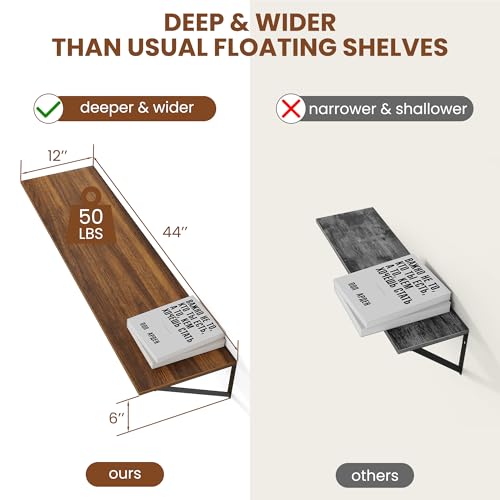 44W x 12D Deep Floating Shelves Set of 2 Walnut (Walnut With Black Metal Bracket / 44Wx12Dx5.8H)