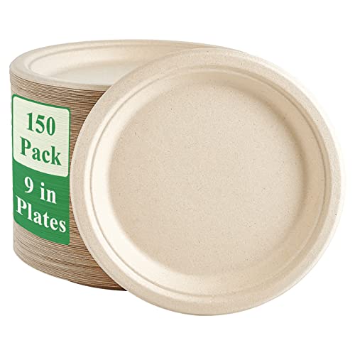 150 Pack Paper Plates 9 inch 100% Compostable (9 in Nature 150)