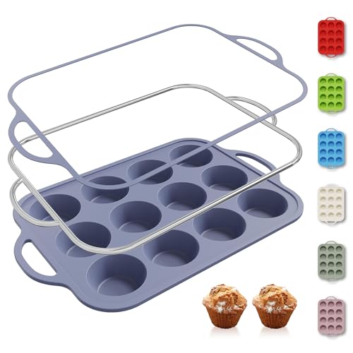 12 Cups Silicone Muffin Pan with Metal Reinforced Frame Regular Size Cupcake Pan Tray Egg Bites Silicone Rubber Cookie Molds Muffin Tin Baking Pans Tart Pan Not Stainless Steel Ceramic Aluminum (1pc: 12-Cup Regular / Morandi Blue)