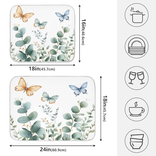 Spring Eucalyptus Green Leaf Dish Drying Mat for Kitchen Counter Absorbent Microfiber Small Drying Pad Dish mats for Kitchen Countertops 16 x 18 Inch (Green Leaf / 18" x 16")