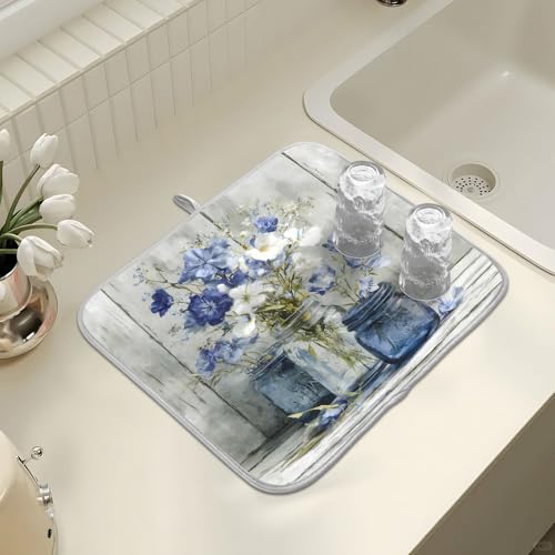 Vintage Blue White Flower Jars3 Dish Drying Mat for Kitchen Counter Absorbent Microfiber Large Drying Pad Dish mats for Kitchen Countertops 18 x 24 Inch (Vintage Flower Jars / 24" x 18")