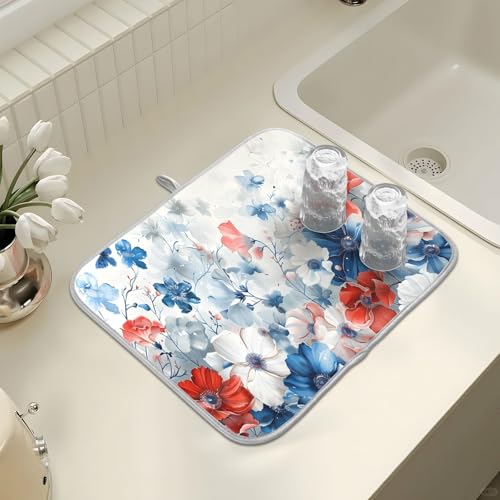4th of July Patriotic Blue Red White Flowers Dish Drying Mat for Kitchen Ccounter Absorbent Microfiber Small Independence Day Drying Pad Dish Mats for Kitchen Countertops 16 x 18 Inch (18" x 16")