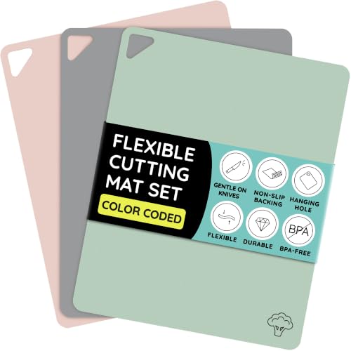 Flexible Plastic Cutting Board Set of 3 (Pink / Green / Gray / 15"L x 12"W)
