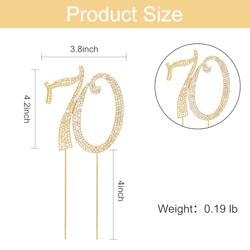 Gold 70th Birthday Cake Topper Rhinestones Cake Decorations for 70th Birthday Party (70th- Gold)