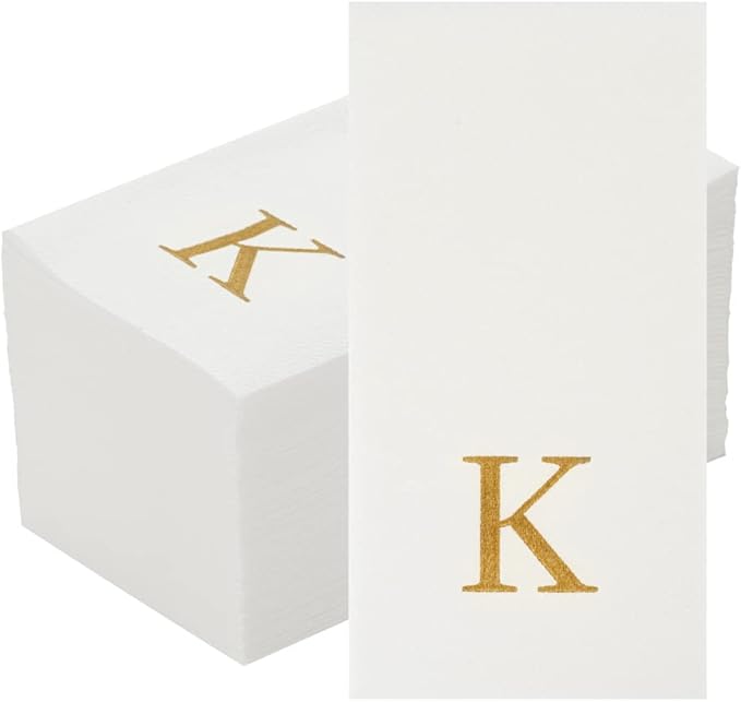 Luxenap 15.8 X 7.9 Inch Linen-Feel Guest Towels, 50 Lettered Hand Towels - Gold Letter 'K', Sans Serif Font, White Paper Dinner Napkins, airlaid, For Restrooms And Tables