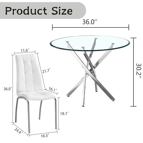 5 Piece Round Glass Dining Table Set (Silver Round Table/White Pu Chairs / 5 Pieces)