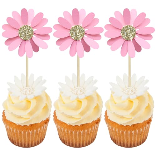 24Pcs Daisy Cupcake Toppers Flower Cake Topper Decorations Daisy Cake Decorations Chrysanthemum Cupcake Toppers Spring Daisy Flower Cake Picks for Birthday Wedding Supplies Light Pink (24 Count)