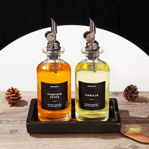 Oil and Vinegar Dispenser with Metal Pour Spout (350ml, Set of 2 Bottles + Tray / Black)