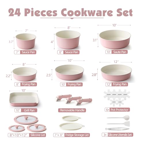 24 Piece Ceramic Detachable Handle Pots and Pans Set Pink (Pink / 24 Piece)