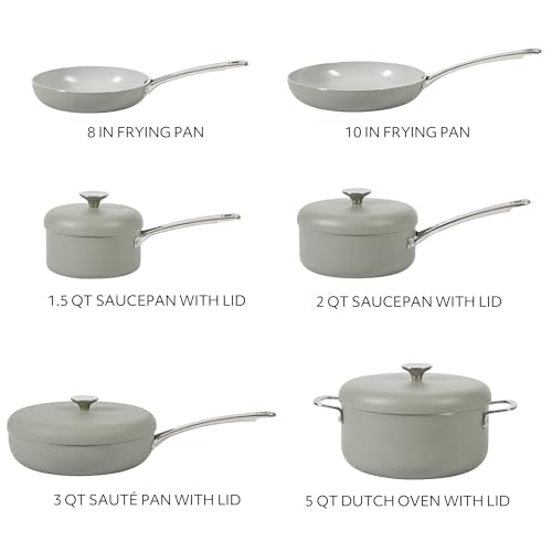 Kitchen Essentials Potluck Porch 10 Piece PFA Free Ceramic Non stick Interior Forged Aluminum Cookware Pots and Pans Set W (10-Piece Cookware Set / Green)