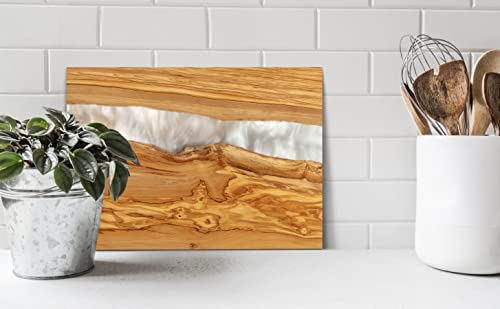 Handcrafted Italian Olive Wood Cheese & Charcuterie Board Set with Unique White Pearl Resin Artwork (White Pearl)