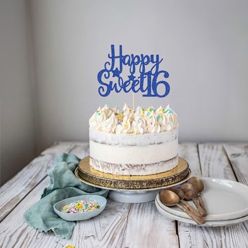 1Pc Happy Sweet 16 Cake Topper Blue Glitter Sweet 16 Birthday Cake Decoration Happy 16th Birthday Decorations for Girls Boys Party Supplies
