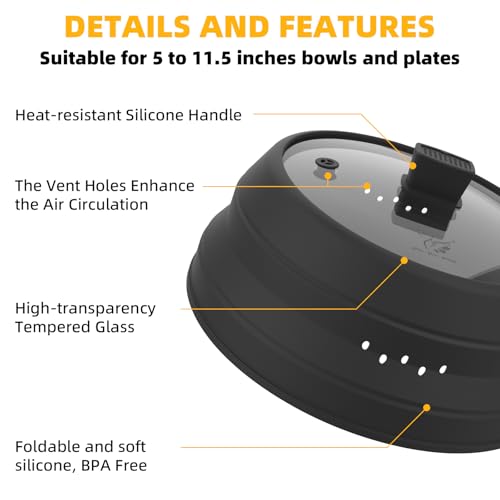 Tall Microwave Splatter Cover Glass Cover Guard Lid 5.8 inch Height with Collapsible Silicone for Food Pot Plate 8.5 inch Black (BLACK / 8.5 inch)