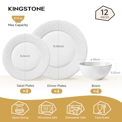 12Pcs Hammered Rim White Bone China Set (White-hammered / service for 4-12pcs)