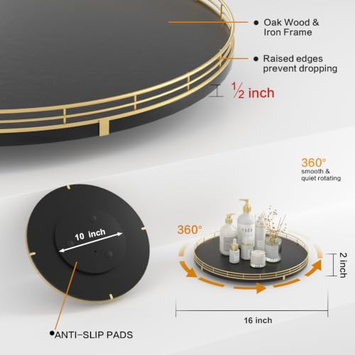 16 Inch Oak Lazy Susan Organizer with Gold Rail and Black Finish (Gold Black / 16)