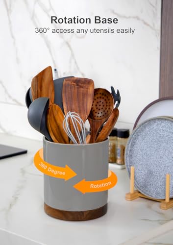 Ceramic Rotating Kitchen Utensil Holder for Countertop (Gray)