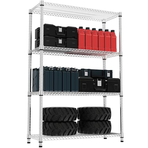 4 Tiers Shelf Metal Storage Shelves 2640 lbs Steel Storage Shelving Utility Shelving Unit Steel Organizer Wire Rack for Home (4 tier, 17.7"D x 47.2"W x 70.3"H / Chrome)