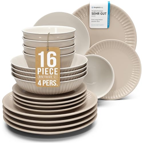16 Piece Stoneware Dinnerware Set for 4 (Hygge / Light Brown / Set for 4 (16pcs))