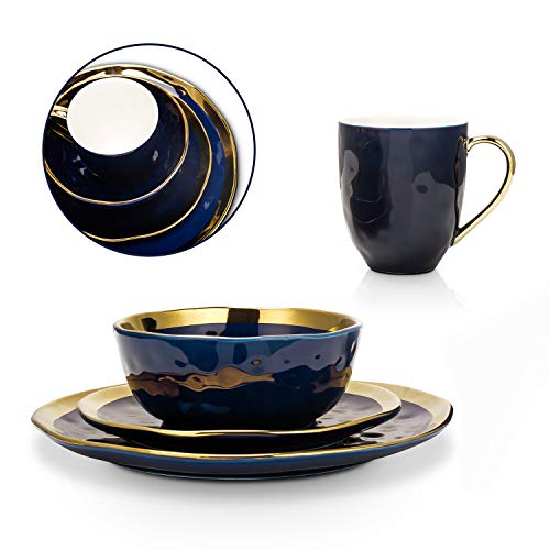 Porcelain 16 Piece Dinnerware Set (16-Pieces Service for 4 / Blue with Gold Rim)