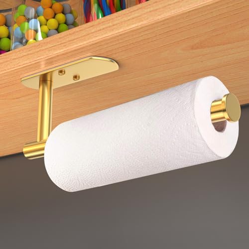 Adhesive Paper Towel Holder Under Cabinet Wall Mount for Kitchen Paper Towel (Gold / 2 Pack)