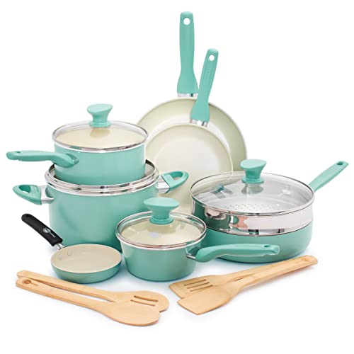 Rio Healthy Ceramic Nonstick 16 Piece Cookware Pots and Pans Set (16 Piece Cookware Set / Turquoise)