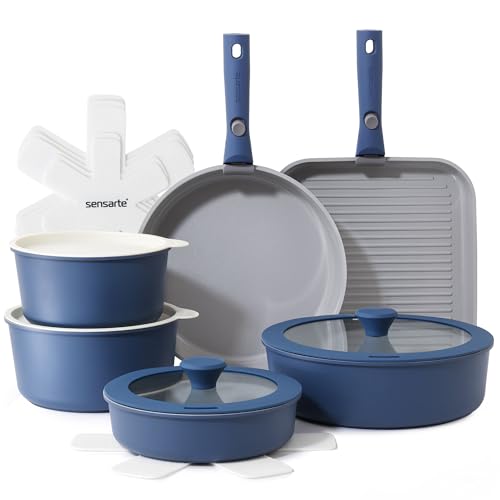 17 Piece Ceramic Detachable Handle Pots and Pans Set Navy (Navy / 17 Piece)