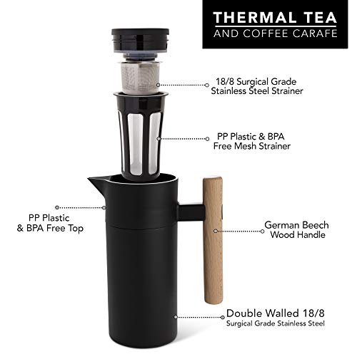 Thermal Coffee Carafe 40 Oz Insulated with Tea Infuser (Black)