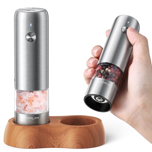 Mini Electric Salt and Pepper Grinder Set with Wood Base (MINI / Silver)