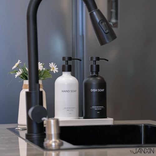 Glass Kitchen Soap Dispenser Set with Ceramic Tray (White Bottles+black Bottles)