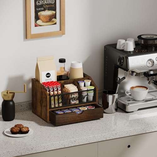 Coffee Station Organizer with Drawer for Countertop (Iron Mesh-Vintage Brown / 2 Tier)