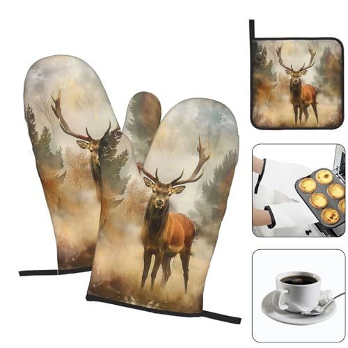 Deer Art Oven Mitts and Pot Holders Sets of 3 Heat Resistant Oven Gloves Hot Pads Non (Deer Art)