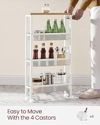4 Tier Slim Rolling Storage cart with Wheels (Oak Beige + Classic White / 4 Tiers (5.1"D x 30.3"H))