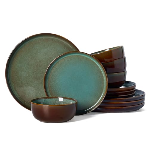 Milkyway 12 Piece Stoneware Dinnerware Set (Moss Green & Cocoa / Service for 4 (Standard Dinner Set))