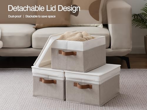 Fabric Storage Bins with Lids (Brown and White / Large)