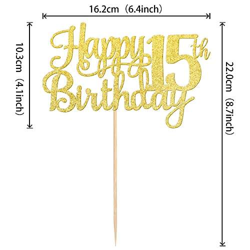 1 PCS Happy 15th Birthday Cake Topper Gold Glitter Cheers to 15 Years Birthday Cake Pick Mis Quince 15 Fabulous Cake Decoration for Happy 15th Birthday Theme Party Decorations Supplies (Gold / 15th)