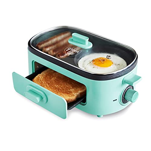 3-in-1 Breakfast Maker Station, Healthy Ceramic Nonstick Dual Griddles for Eggs Meat Sausage Bacon Pancakes and Breakfast Sandwiches, 2 Slice Toast Drawer, Easy-to-use Timer, Turquoise (Turquoise / 11" Breakfast Maker / Breakfast Maker)