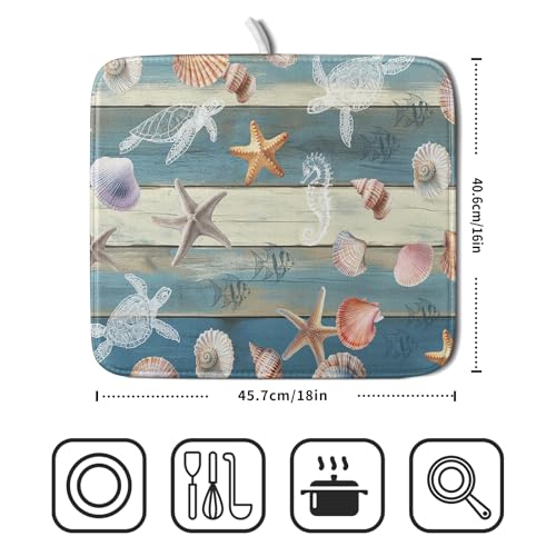 Coastal Starfish Dish Drying Mat Summer Sea Turtle Drainer Rack Mat Absorbent Microfiber Kitchen Countertop Protector Dishes Pad 16x18 inch (Starfish Turtle Wood / 16" x 18")