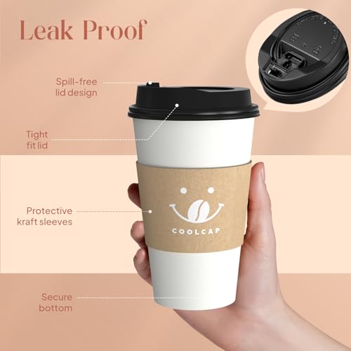 Coffee Cups with Lids and Sleeves (White-300packs / 16 oz)