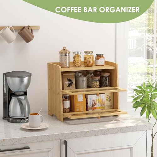 Double Layer Bread Box Container for Kitchen Countertop Homemade Bread (Natural Bamboo / 2 Tier-Large)