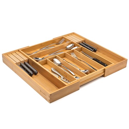 Bamboo Drawer Organizer with Knife Blocks (Natural / 9 Slot)