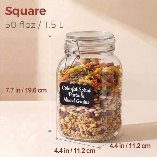 50oz Large Square Glass Jars with Airtight Lids (Square-50OZ Set-3 Pack)