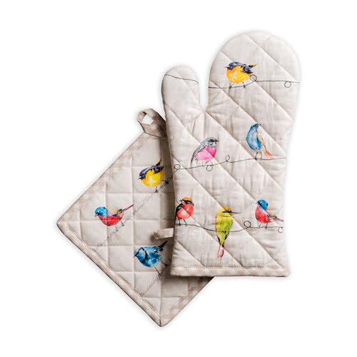 100% Cotton Oven Mitt & Pot Holder Set (003 - Birdies on Wire / 7.5" x 13" & 8" x 8" (Oven Mitt & Pot Holder))